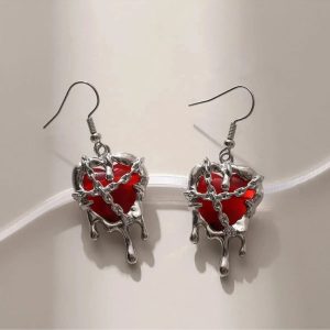 Chained Blood Heart Earrings - Y2K Aesthetic Grunge Style Jewelry