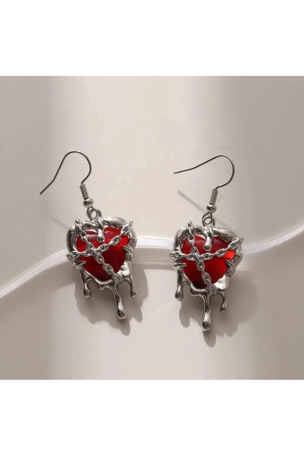 Chained Blood Heart Earrings - Y2K Aesthetic Grunge Style Jewelry