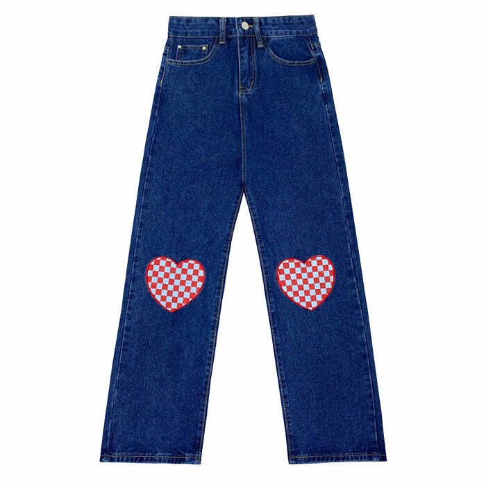 Checker Heart Wide Leg Jeans - Y2K Aesthetic Grunge Style Bottoms