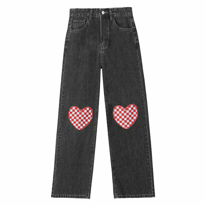 Checker Heart Wide Leg Jeans - Y2K Aesthetic Grunge Style Bottoms