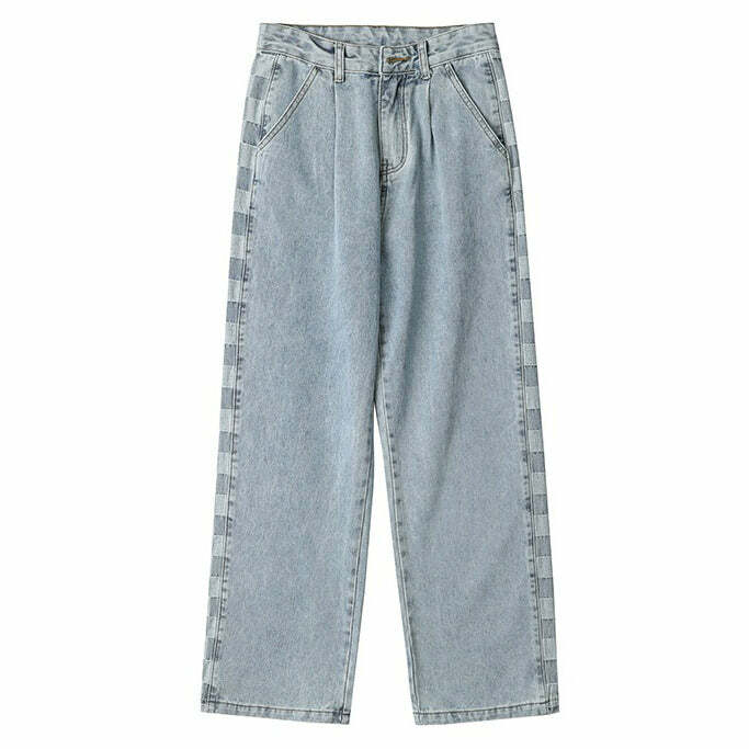 Checker Print Wide-Leg Jeans for Y2K Aesthetic and Grunge Style Outfits