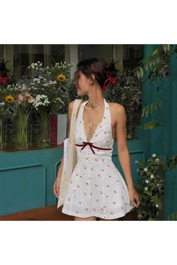 Cherry Blossom Halter Dress - Y2K Aesthetic Floral Summer Outfit