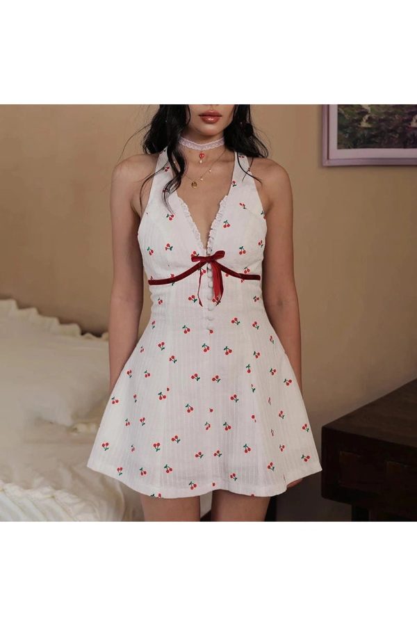 Cherry Blossom Halter Dress - Y2K Aesthetic Floral Summer Outfit