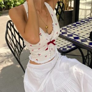 Cherry Blossom Lace-Up Halter Top - Y2K Aesthetic Cute Top for Stylish Looks