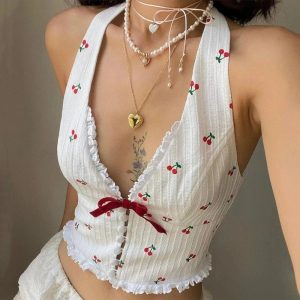 Cherry Blossom Lace-Up Halter Top - Y2K Aesthetic Cute Top for Stylish Looks