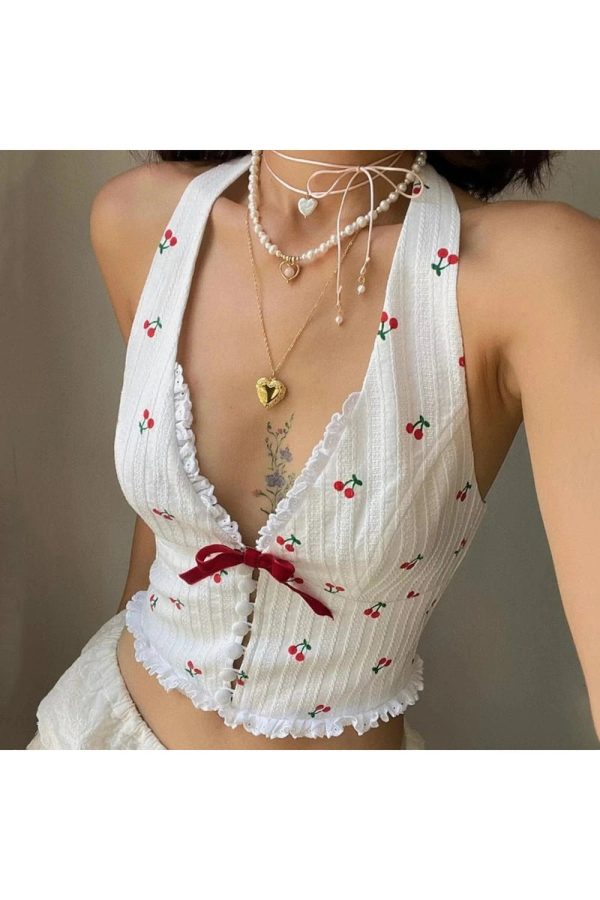 Cherry Blossom Lace-Up Halter Top - Y2K Aesthetic Cute Top for Stylish Looks