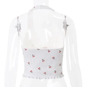 Cherry Blossom Lace-Up Halter Top - Y2K Aesthetic Cute Top for Stylish Looks