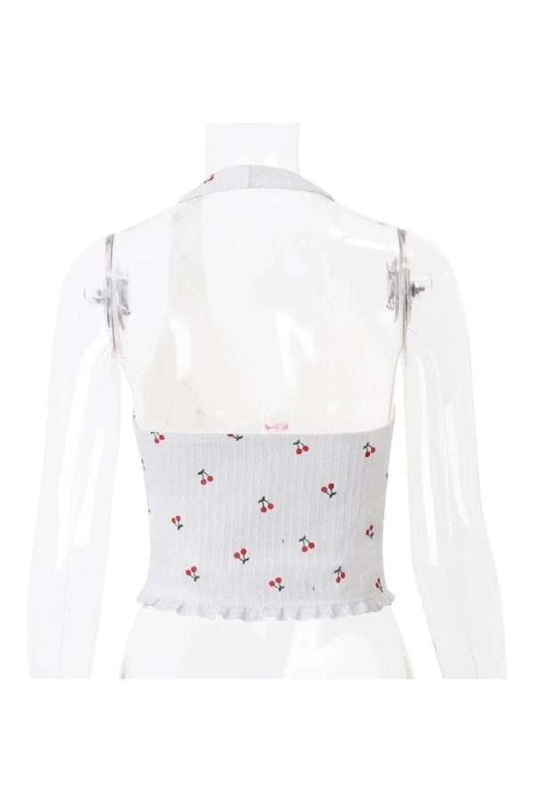 Cherry Blossom Lace-Up Halter Top - Y2K Aesthetic Cute Top for Stylish Looks