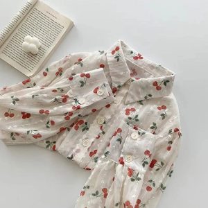 Cherry Blossom Y2K Button-Up Blouse for Coquette Aesthetic Outfits