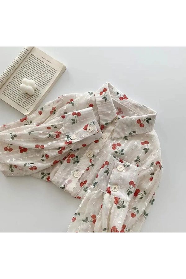 Cherry Blossom Y2K Button-Up Blouse for Coquette Aesthetic Outfits