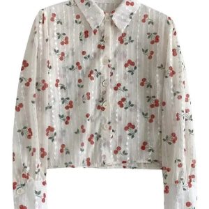 Cherry Blossom Y2K Button-Up Blouse for Coquette Aesthetic Outfits