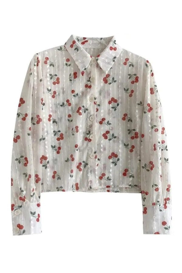 Cherry Blossom Y2K Button-Up Blouse for Coquette Aesthetic Outfits