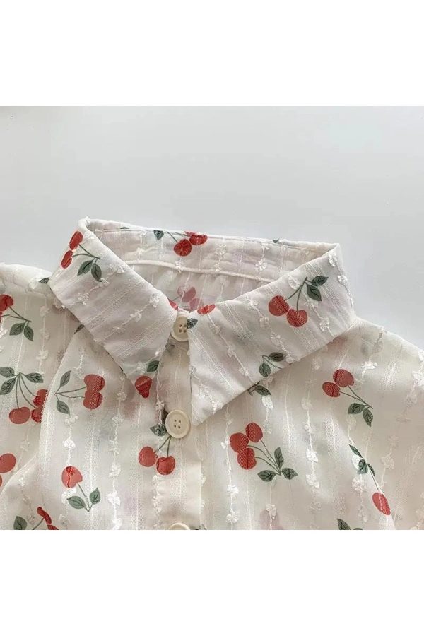 Cherry Blossom Y2K Button-Up Blouse for Coquette Aesthetic Outfits