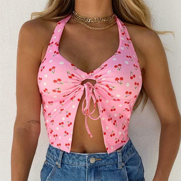 Cherry Blossom Y2K Halter Top - Cute Aesthetic Fashion Essential