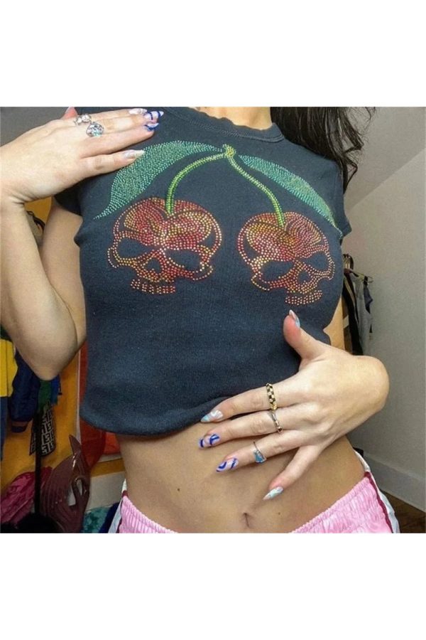 Cherry Skull Rhinestone Crop Top - Y2K Aesthetic Cute Top for Grunge Style