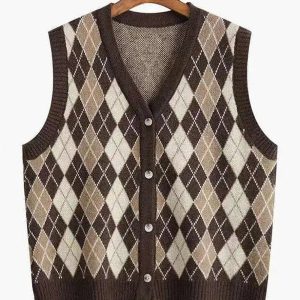 Chic Argyle Knit Vest for Y2K Aesthetic and Preppy Style Lovers