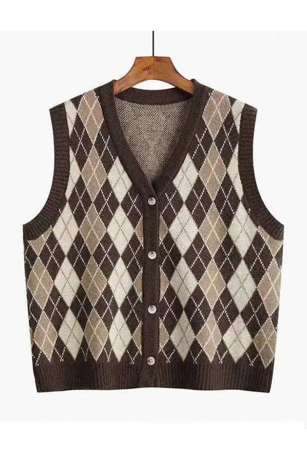 Chic Argyle Knit Vest for Y2K Aesthetic and Preppy Style Lovers