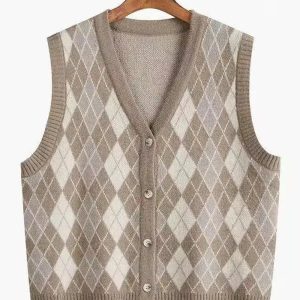 Chic Argyle Knit Vest for Y2K Aesthetic and Preppy Style Lovers