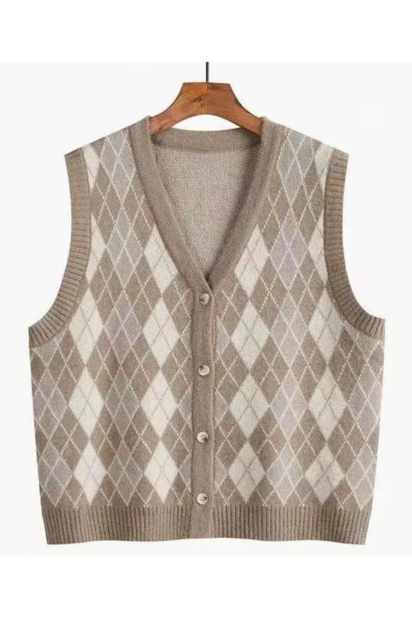 Chic Argyle Knit Vest for Y2K Aesthetic and Preppy Style Lovers