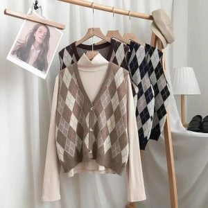 Chic Argyle Knit Vest for Y2K Aesthetic and Preppy Style Lovers