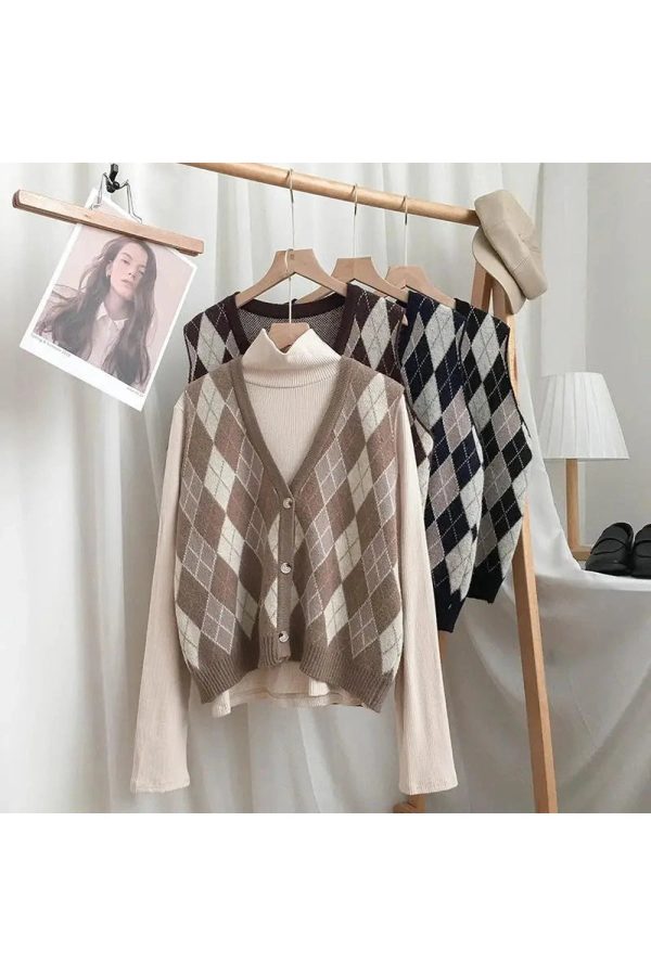 Chic Argyle Knit Vest for Y2K Aesthetic and Preppy Style Lovers