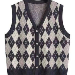 Chic Argyle Knit Vest for Y2K Aesthetic and Preppy Style Lovers