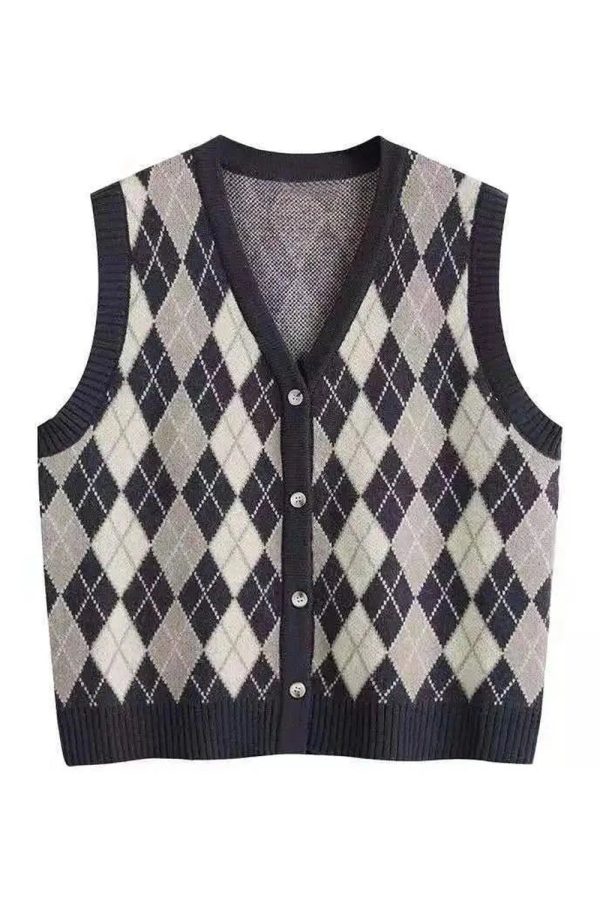 Chic Argyle Knit Vest for Y2K Aesthetic and Preppy Style Lovers