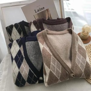 Chic Argyle Knit Vest for Y2K Aesthetic and Preppy Style Lovers