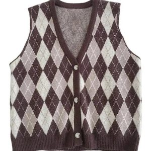 Chic Argyle Knit Vest for Y2K Aesthetic and Preppy Style Lovers