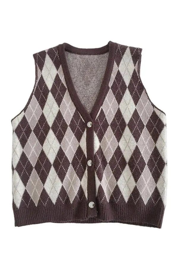 Chic Argyle Knit Vest for Y2K Aesthetic and Preppy Style Lovers