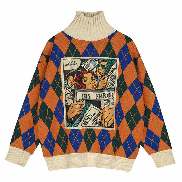 Chic Argyle Turtleneck Sweater for Y2K Aesthetic & Cozy Fall Vibes