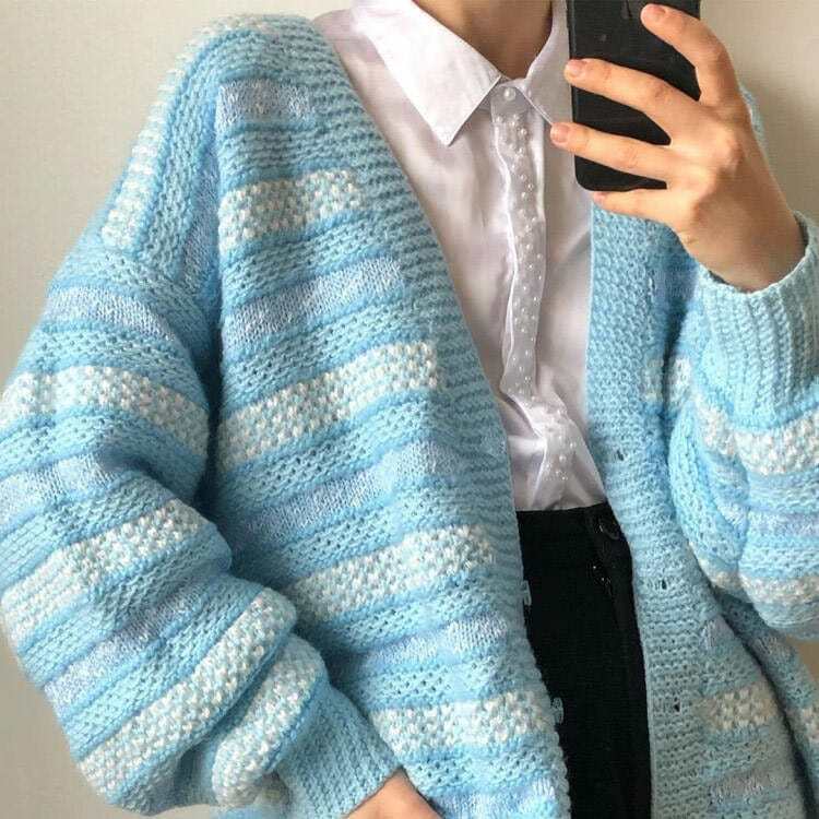 Chic Baby Blue Striped Cardigan for Y2K Aesthetic Outfits