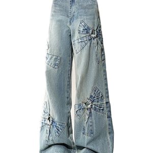 Chic Bow-Accent Wide-Leg Jeans for Y2K and Coquette Aesthetic Styles