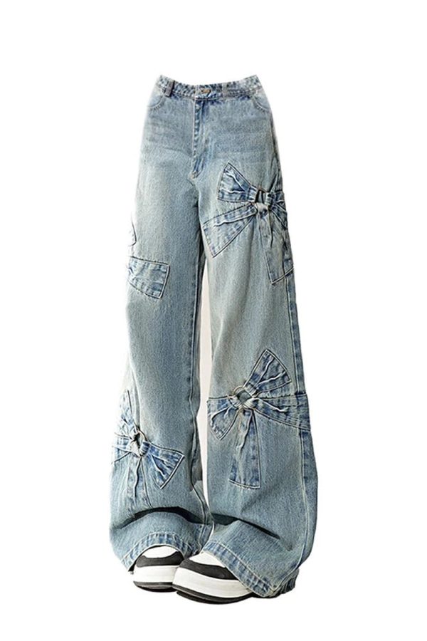 Chic Bow-Accent Wide-Leg Jeans for Y2K and Coquette Aesthetic Styles