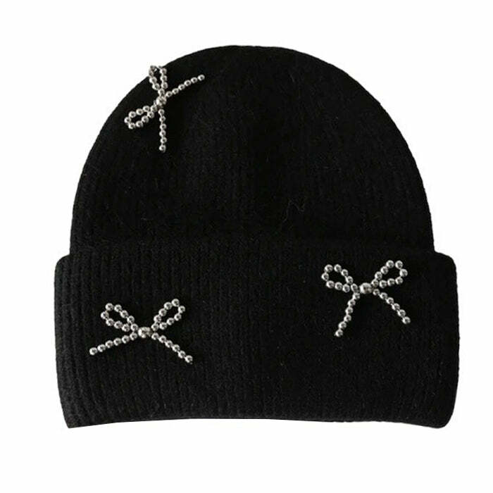 Chic Bow Pearl Beanie Hat for Y2K Aesthetic and Coquette Style