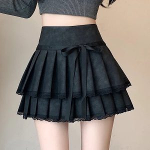 Chic Bow-Tied Lace Pleated Mini Skirt for Y2K and Coquette Aesthetic