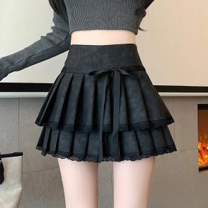 Chic Bow-Tied Lace Pleated Mini Skirt for Y2K and Coquette Aesthetic