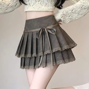 Chic Bow-Tied Lace Pleated Mini Skirt for Y2K and Coquette Aesthetic