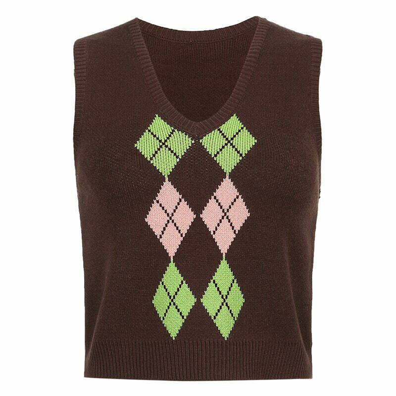 Chic Brown Argyle Vest for Y2K Aesthetic & Preppy Style Lovers