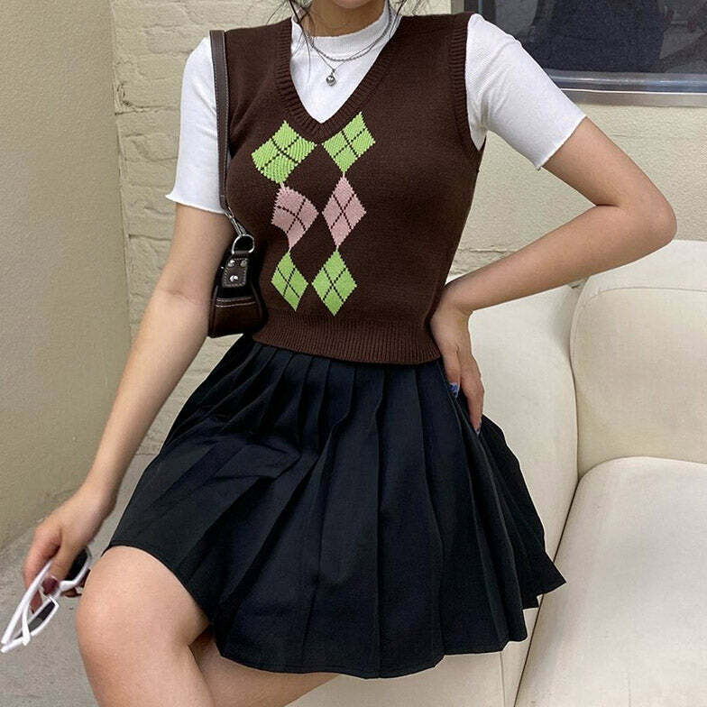 Chic Brown Argyle Vest for Y2K Aesthetic & Preppy Style Lovers