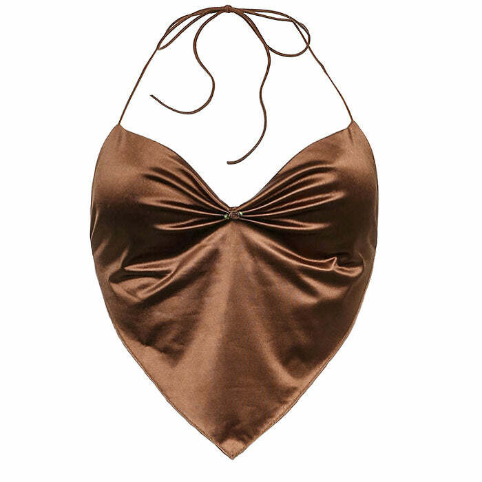 Chic Brown Satin Scarf Top for Y2K Aesthetic & Coquette Style