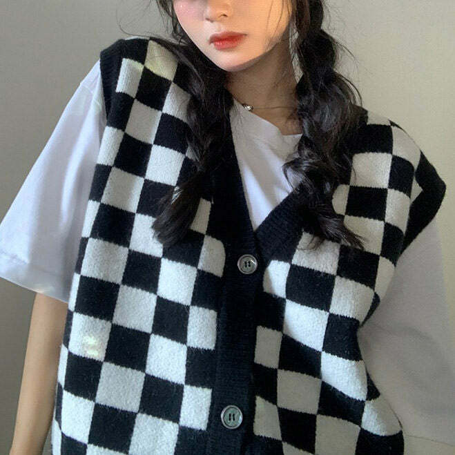 Chic Checker Vest for Y2K Aesthetic & Coquette Style Outfits