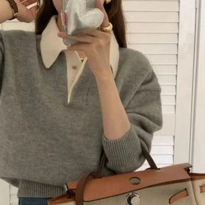 Chic Classic Collared Knit Polo Sweater for Y2K and Preppy Aesthetic