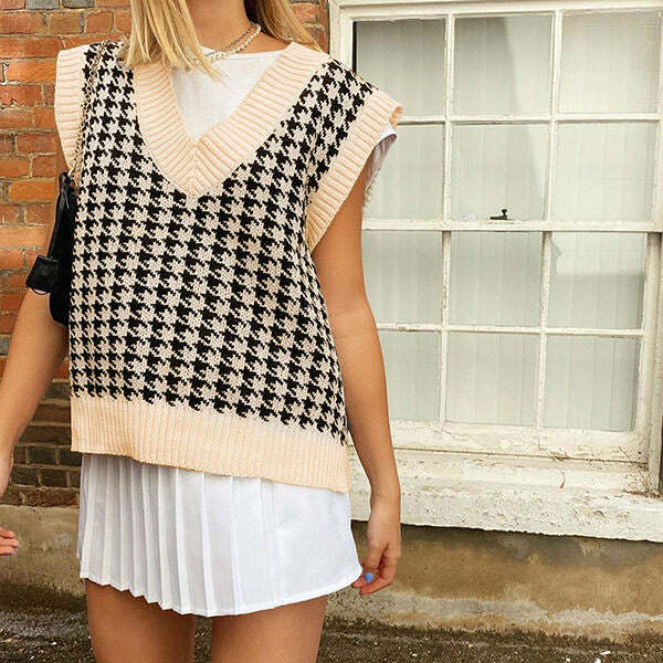 Chic Dogtooth Check Vest for Y2K Aesthetic & Preppy Style Lovers