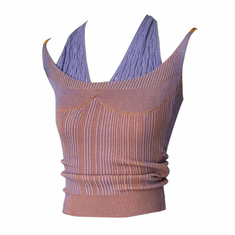 Chic Double Layered Y2K Knit Halter Top for Trendy Aesthetic Outfits