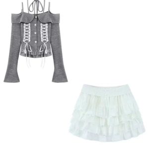 Chic Enchanted Lace-Up Outfit Set for Y2K Aesthetic Lovers