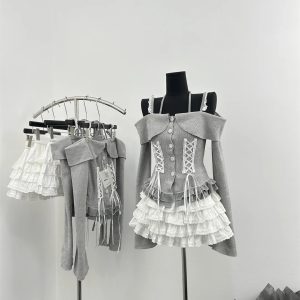 Chic Enchanted Lace-Up Outfit Set for Y2K Aesthetic Lovers