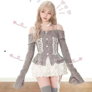 Chic Enchanted Lace-Up Outfit Set for Y2K Aesthetic Lovers