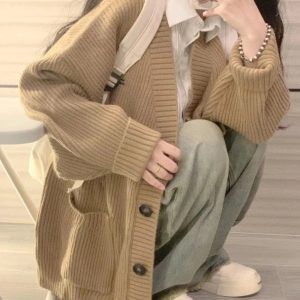 Chic Fall Classic Camel Ribbed Cardigan for Y2K Aesthetic Outfits