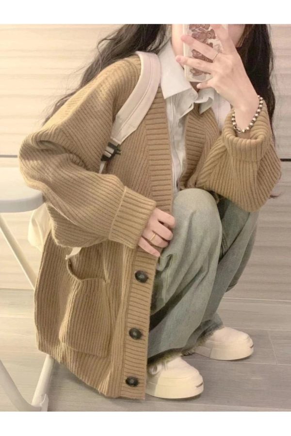 Chic Fall Classic Camel Ribbed Cardigan for Y2K Aesthetic Outfits